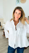 Pure Breeze Linen Italian Button Top- White-110 short Sleeve Top-Italianissimo-Coastal Bloom Boutique, find the trendiest versions of the popular styles and looks Located in Indialantic, FL