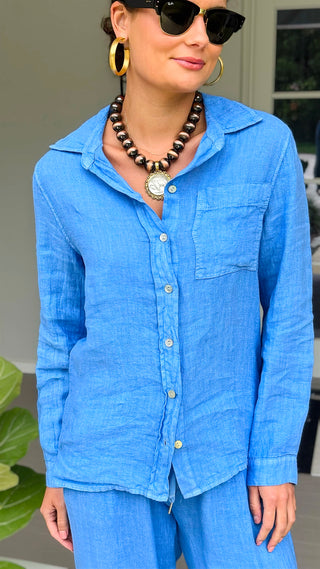 Tuscany Linen Italian Button Top- Periwinkle