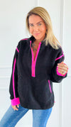 Glow Getter Sherpa Zip Sweatshirt - Black/Neon Pink-130 Long Sleeve Tops-BIBI-Coastal Bloom Boutique, find the trendiest versions of the popular styles and looks Located in Indialantic, FL