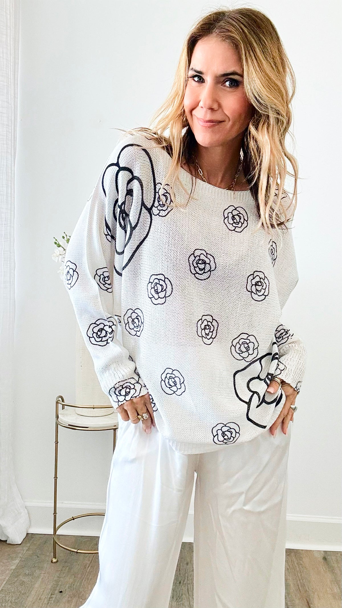 Classic Noir Petals Italian St Tropez Sweater - White-140 Sweaters-Italianissimo-Coastal Bloom Boutique, find the trendiest versions of the popular styles and looks Located in Indialantic, FL