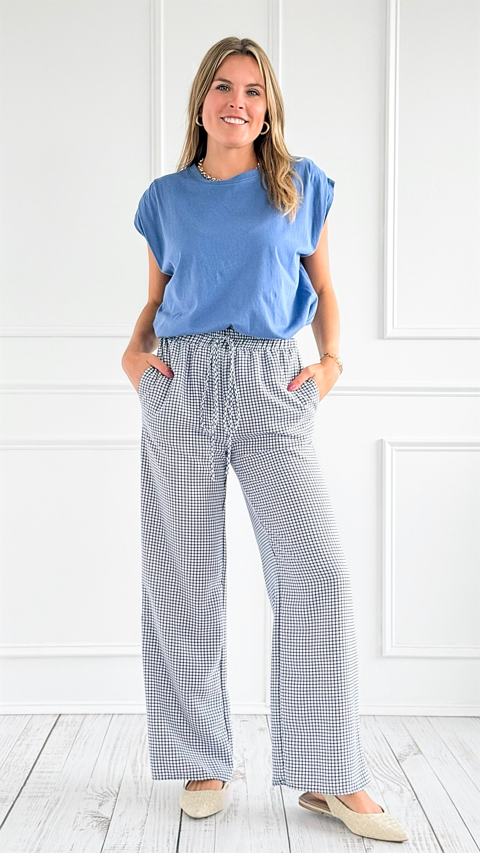 Gingham Drawstring Wide-Leg Pants - White/Navy-170 Bottoms-Jade By Jane-Coastal Bloom Boutique, find the trendiest versions of the popular styles and looks Located in Indialantic, FL