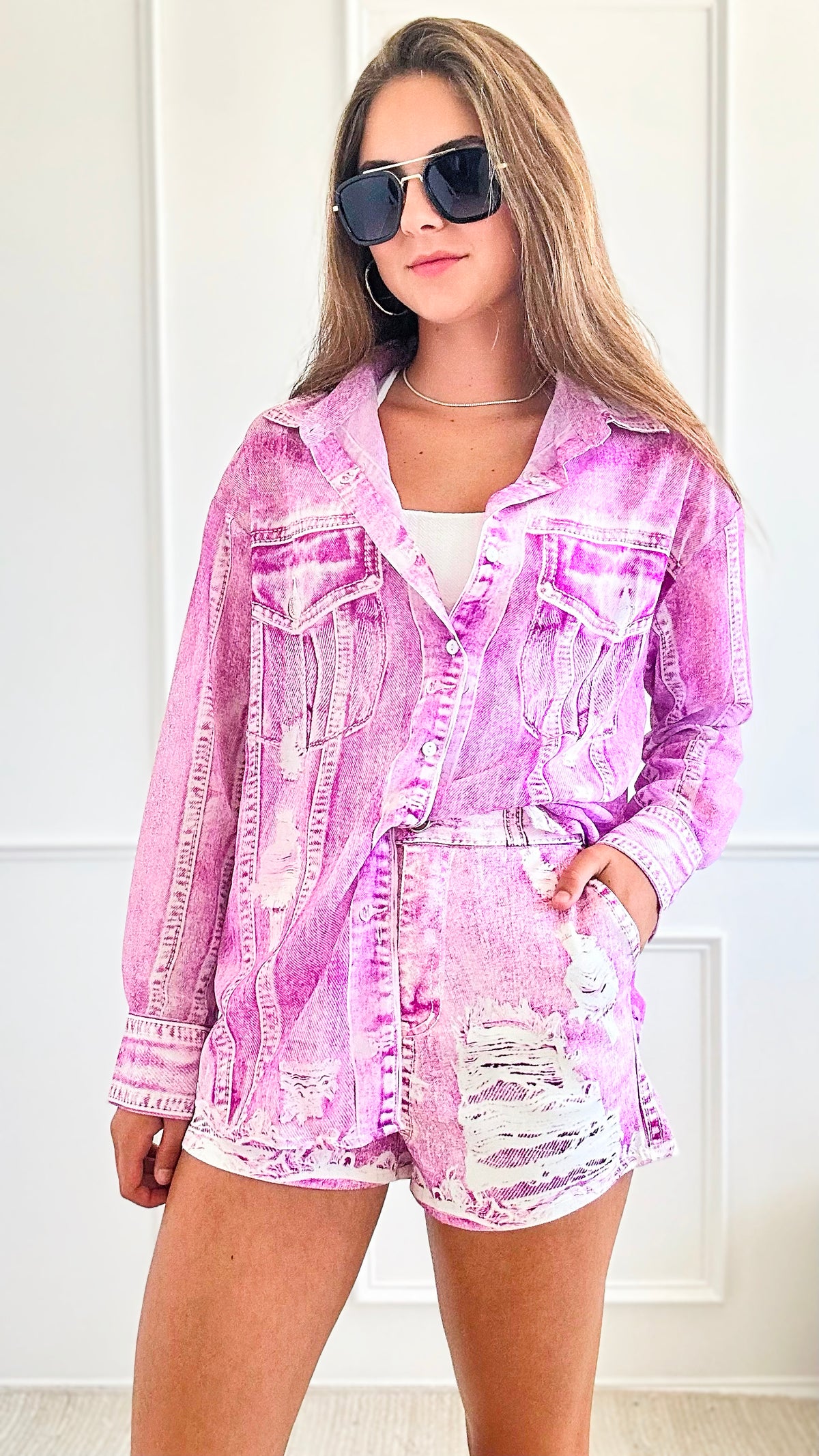Denim Print Blouse & Short Set - Pink-210 Loungewear/Sets-Her Bottari-Coastal Bloom Boutique, find the trendiest versions of the popular styles and looks Located in Indialantic, FL