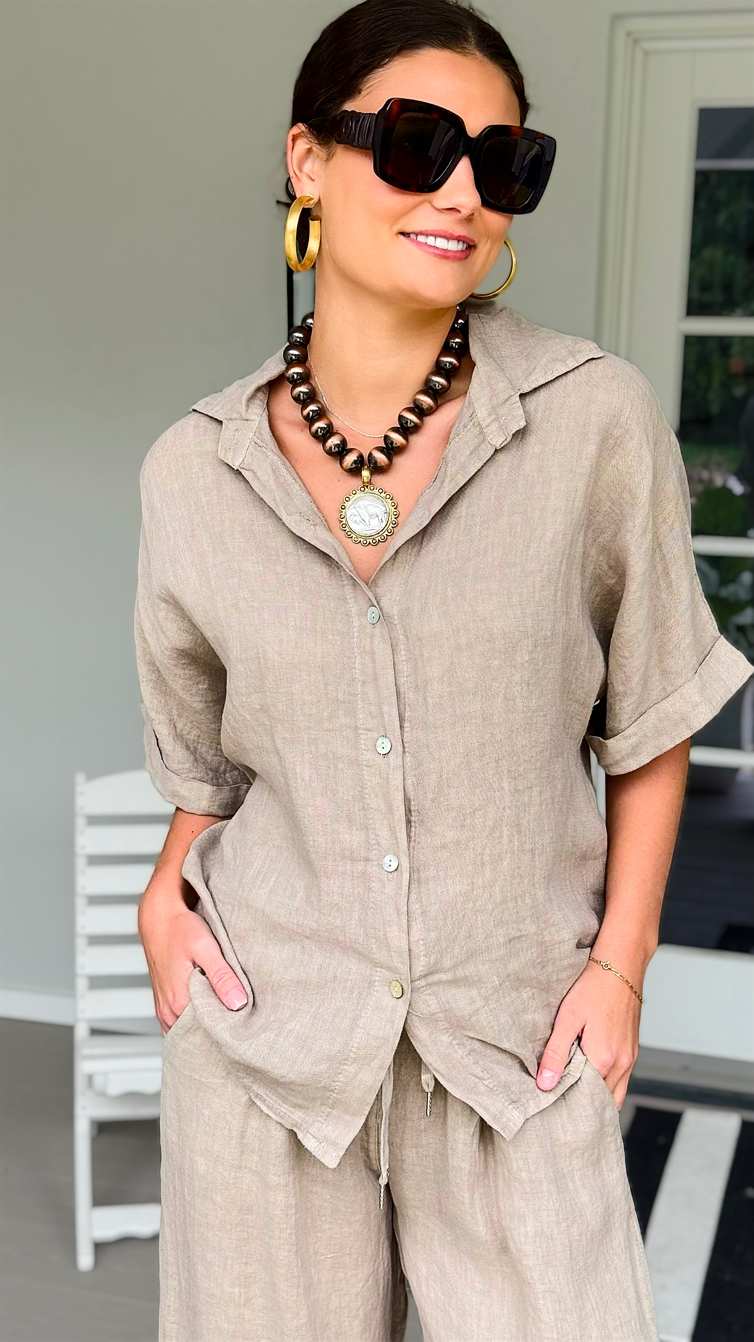 The Marlow Linen Italian Button Top- Taupe