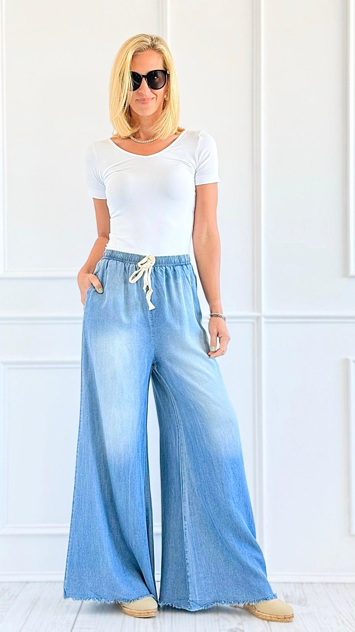 Drawstring Wide-Leg Frayed Hem Pants-190 Denim-DOE AND RAE-Coastal Bloom Boutique, find the trendiest versions of the popular styles and looks Located in Indialantic, FL