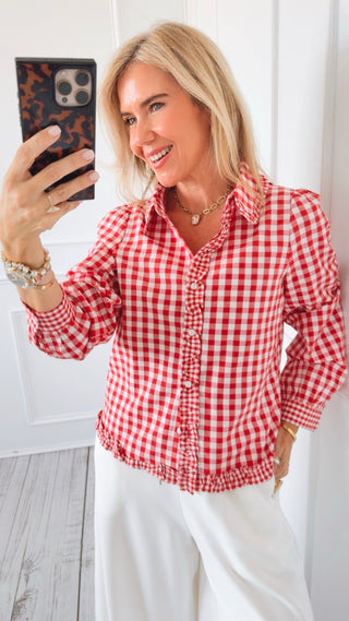 Gingham Ruffle Button Front Blouse