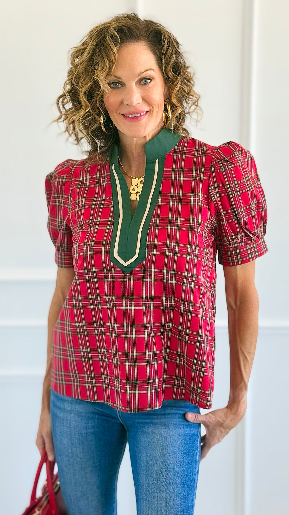 Checked Charm Puff Sleeve Top-110 Short Sleeve Tops-entro-Coastal Bloom Boutique, find the trendiest versions of the popular styles and looks Located in Indialantic, FL