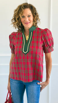 Checked Charm Puff Sleeve Top-110 Short Sleeve Tops-entro-Coastal Bloom Boutique, find the trendiest versions of the popular styles and looks Located in Indialantic, FL