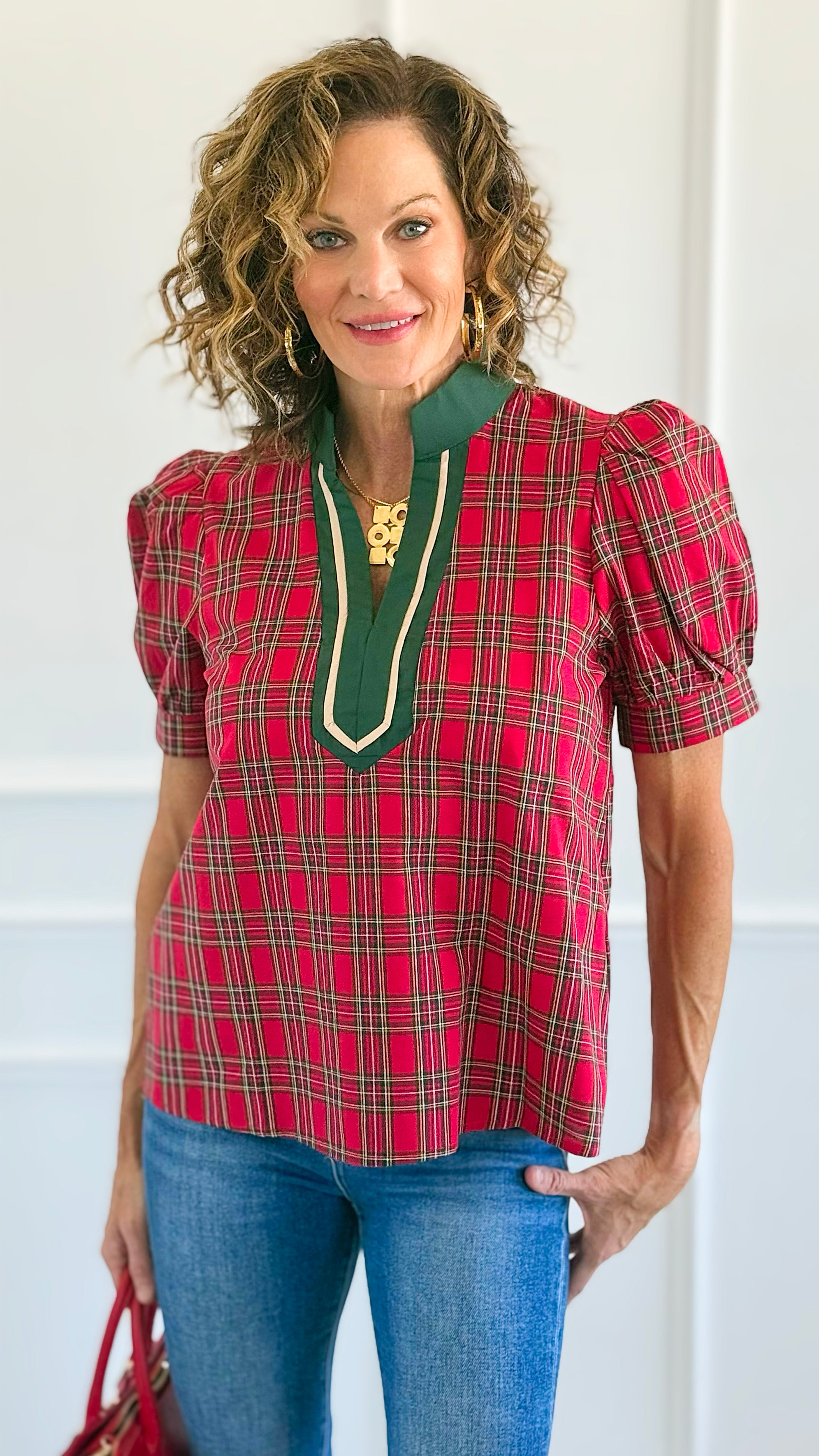 Checked Charm Puff Sleeve Top-110 Short Sleeve Tops-entro-Coastal Bloom Boutique, find the trendiest versions of the popular styles and looks Located in Indialantic, FL