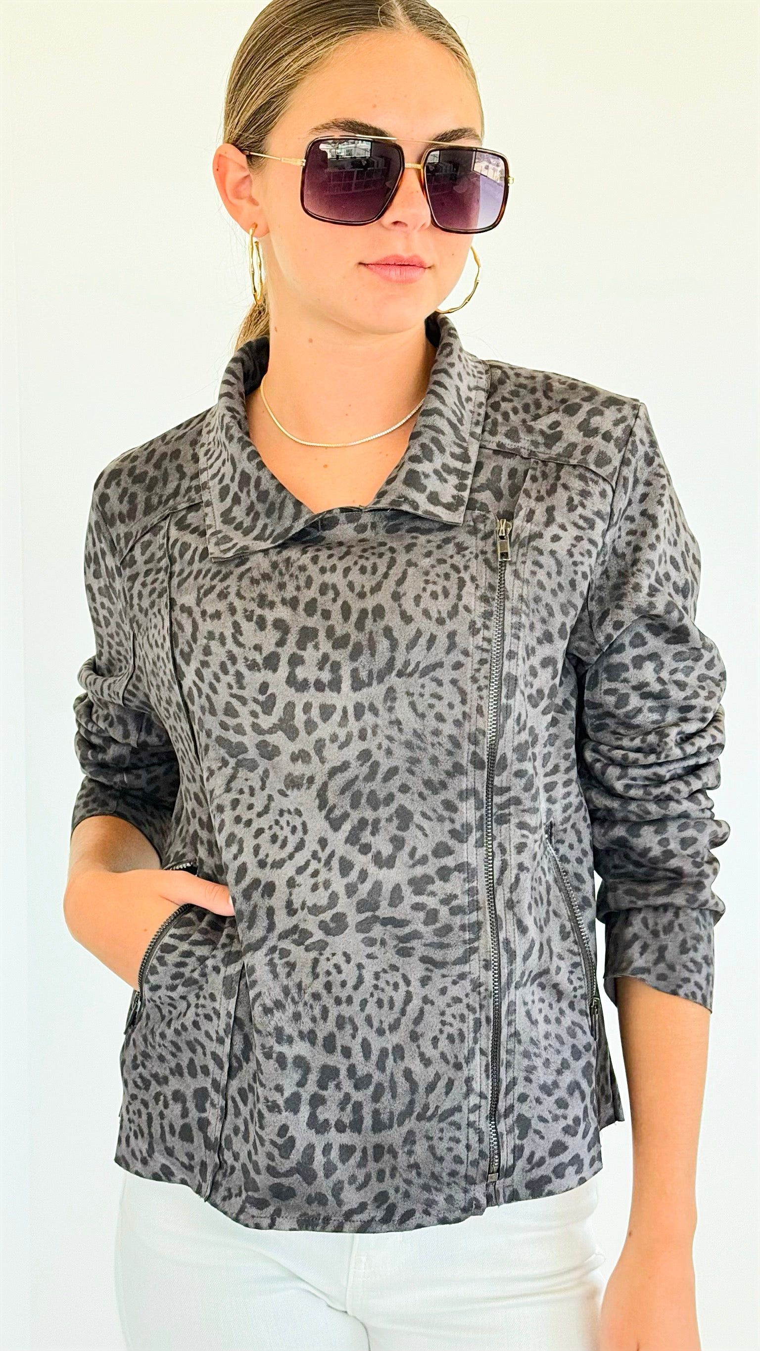 Spotted Vegan Suede Rider Jacket - Charcoal-160 Jackets-oddi-Coastal Bloom Boutique, find the trendiest versions of the popular styles and looks Located in Indialantic, FL