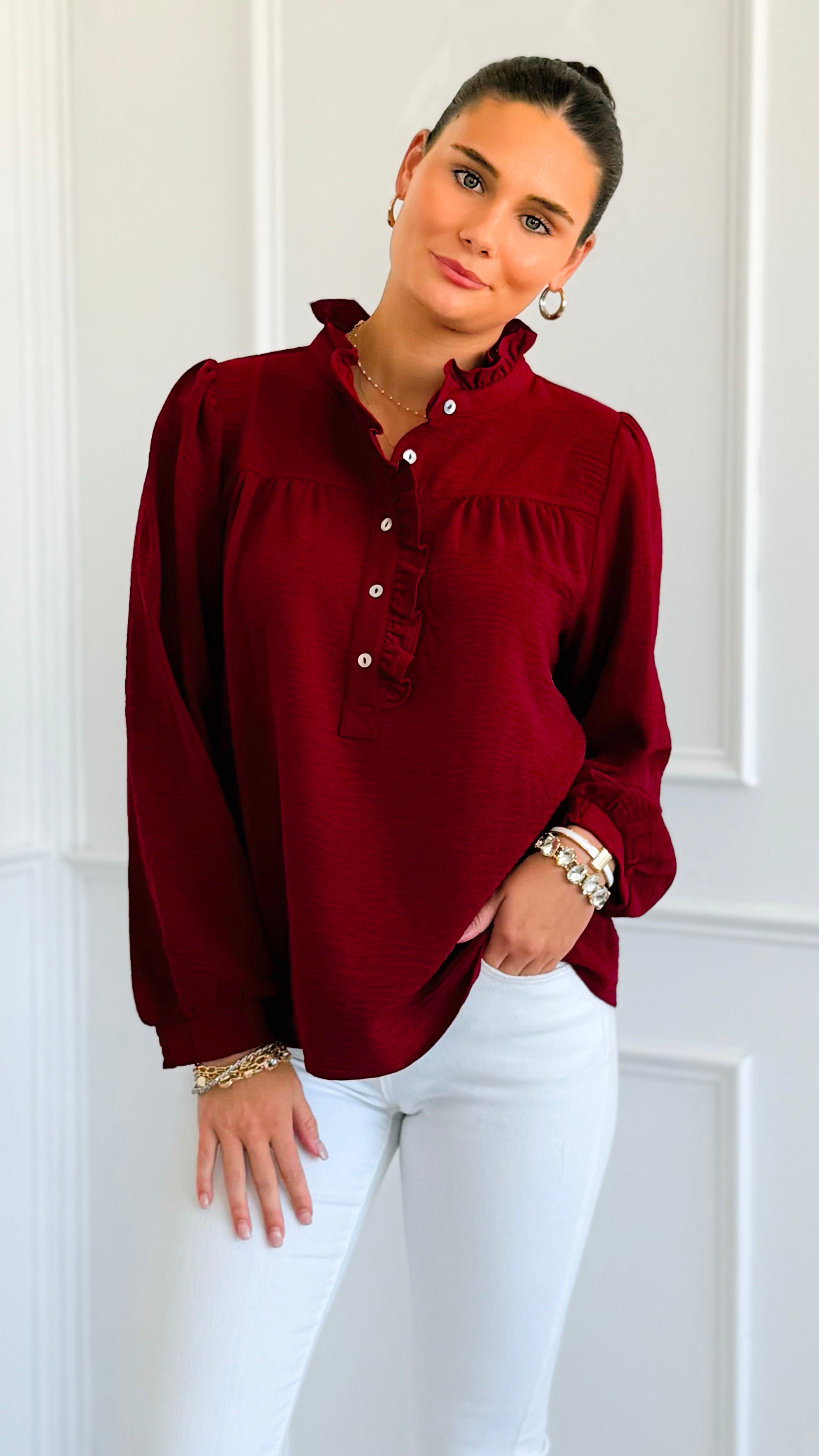 Victorian Muse Ruffle Top - Burgundy-130 Long Sleeve Tops-JODIFL-Coastal Bloom Boutique, find the trendiest versions of the popular styles and looks Located in Indialantic, FL