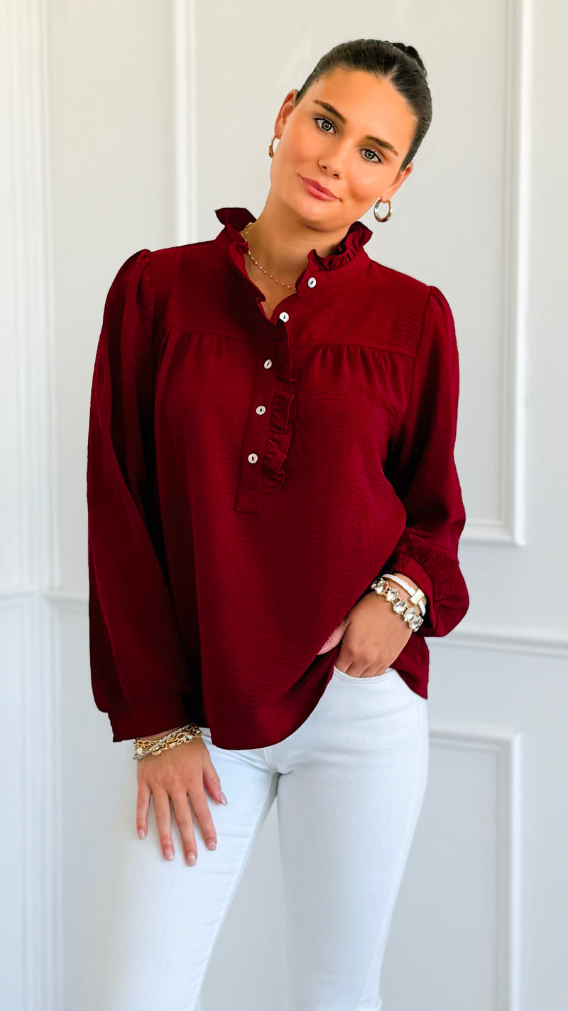 Victorian Muse Ruffle Top - Burgundy-130 Long Sleeve Tops-JODIFL-Coastal Bloom Boutique, find the trendiest versions of the popular styles and looks Located in Indialantic, FL