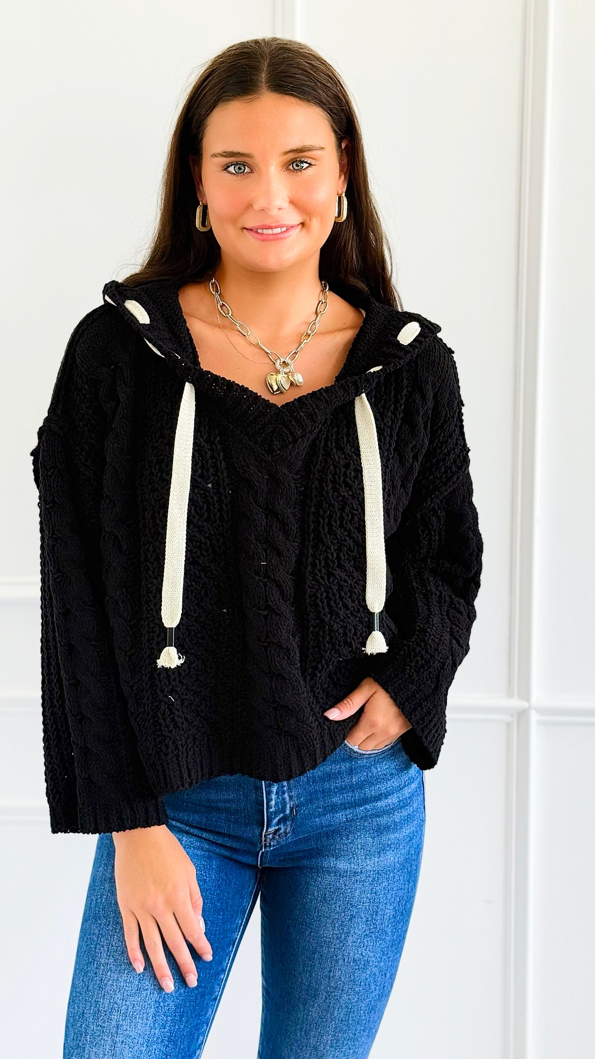 Seaside Breeze Hooded Chenille Sweater - Black-140 Sweaters-Zenana-Coastal Bloom Boutique, find the trendiest versions of the popular styles and looks Located in Indialantic, FL
