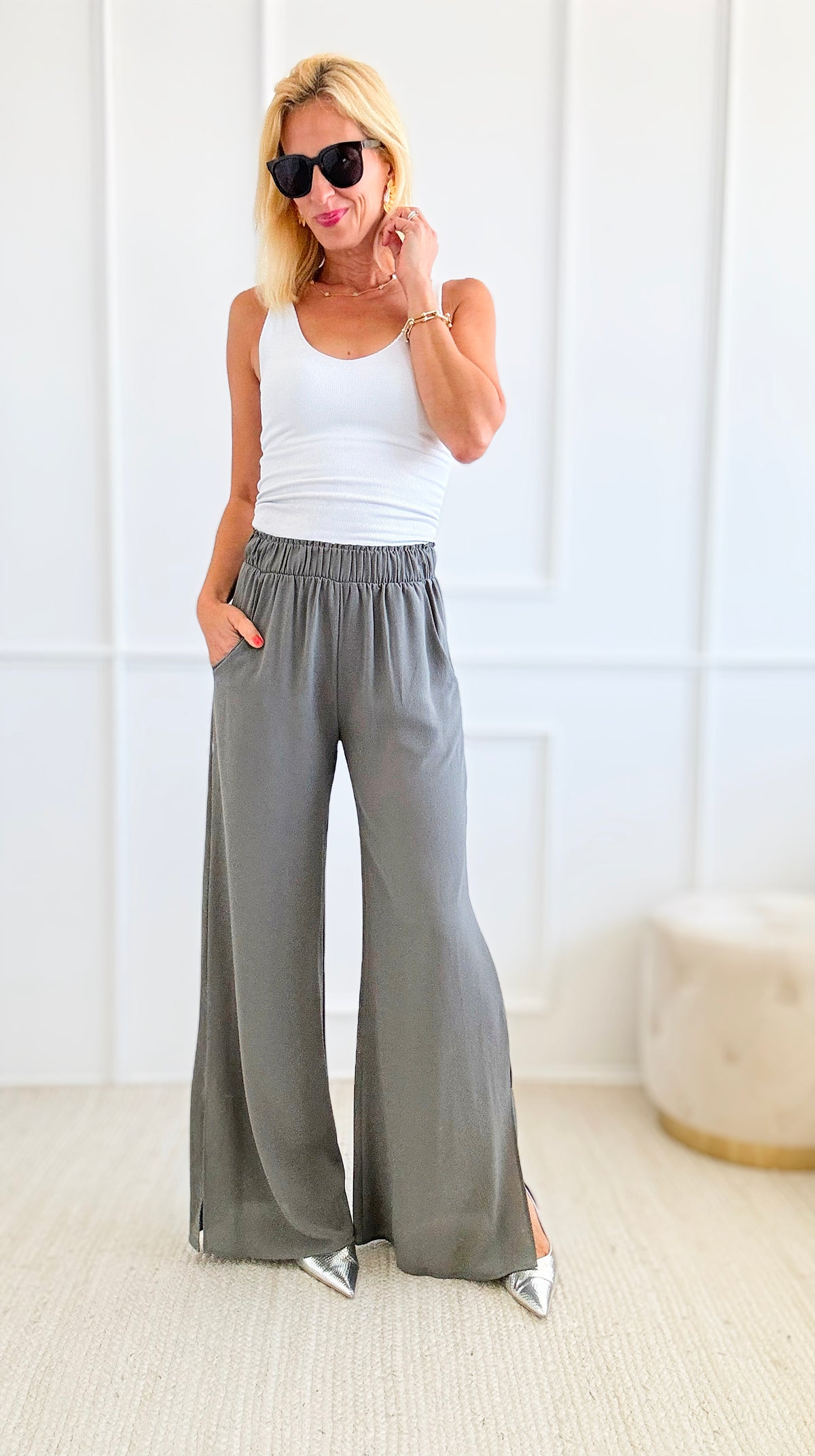 Side Slit Wide Leg Pants - Grey-170 Bottoms-TYCHE-Coastal Bloom Boutique, find the trendiest versions of the popular styles and looks Located in Indialantic, FL