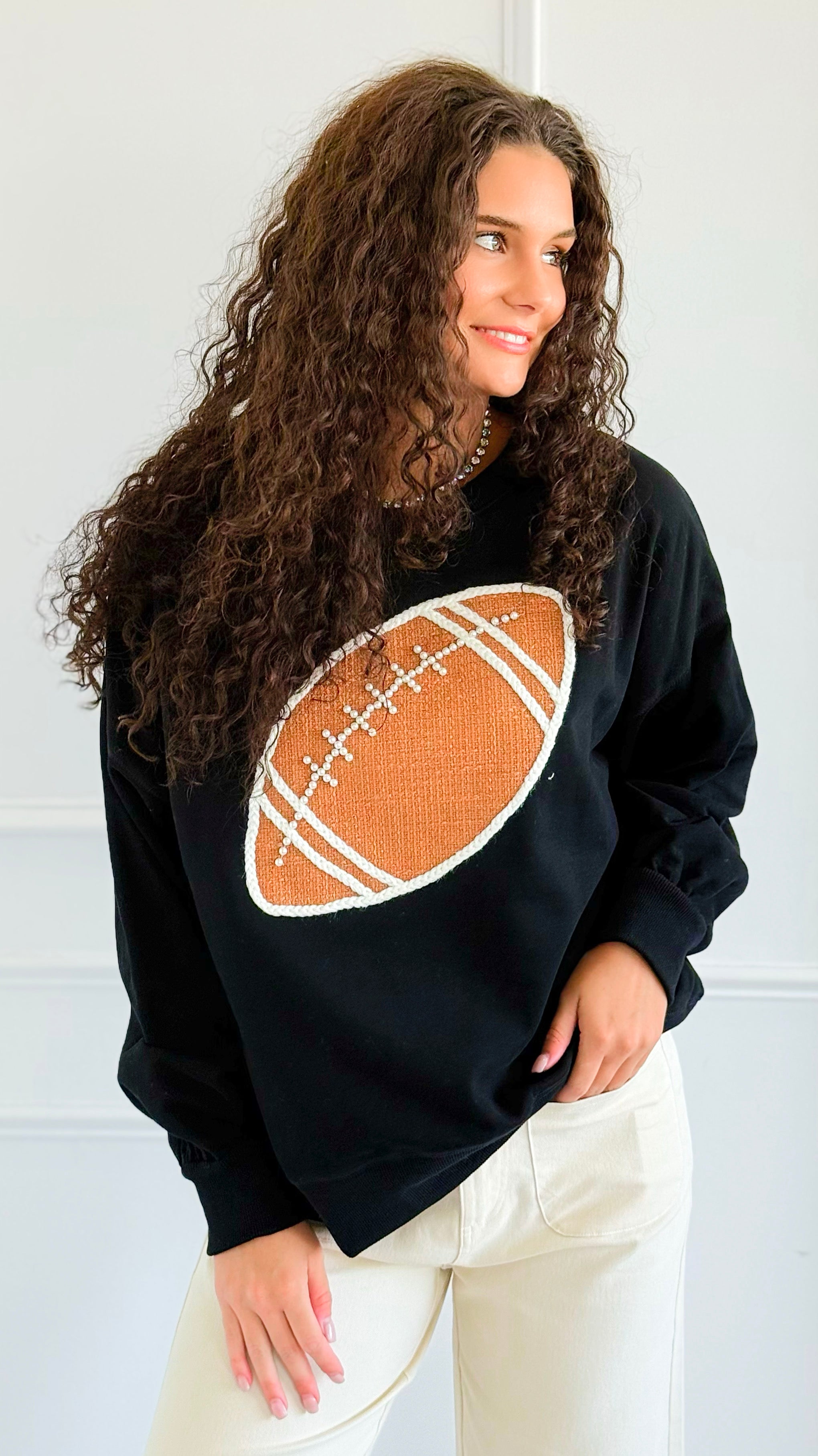 Touchdown Pearl Patch Sweatshirt-110 Long Sleeve Tops-Peach Love California-Coastal Bloom Boutique, find the trendiest versions of the popular styles and looks Located in Indialantic, FL