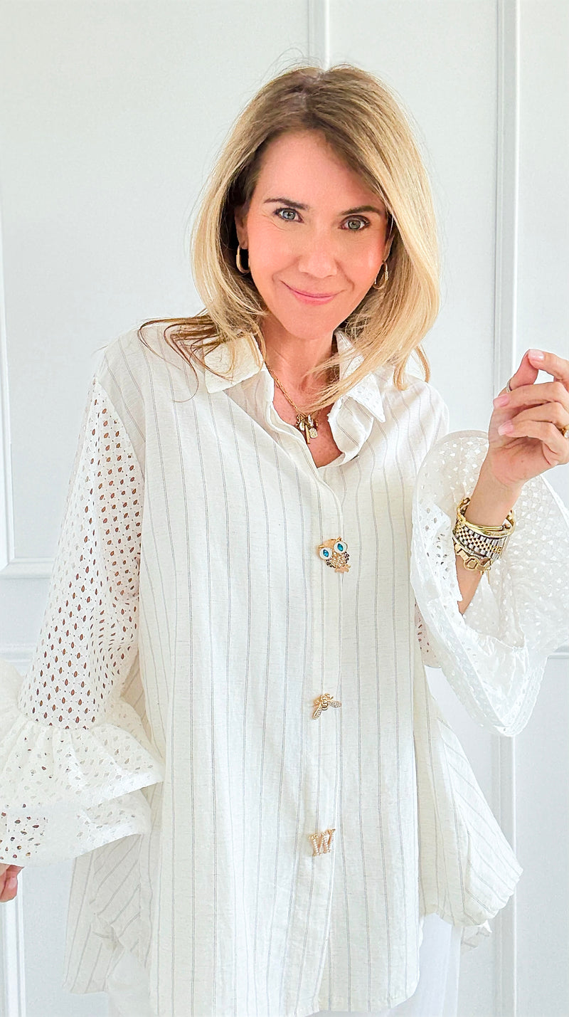 Whimsy Watch Button Detail Ruffle Bell Sleeve Italian Blouse-110 Long Sleeve Tops-TATTOO Z-Coastal Bloom Boutique, find the trendiest versions of the popular styles and looks Located in Indialantic, FL