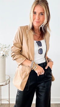 Faux Leather Italian Ruched Blacer - Nude-160 Jackets-Venti6 Outlet-Coastal Bloom Boutique, find the trendiest versions of the popular styles and looks Located in Indialantic, FL