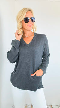 Sequin Back Detail Pocketed Italian Sweatshirt-130 Long Sleeve Tops-Tempo-Coastal Bloom Boutique, find the trendiest versions of the popular styles and looks Located in Indialantic, FL