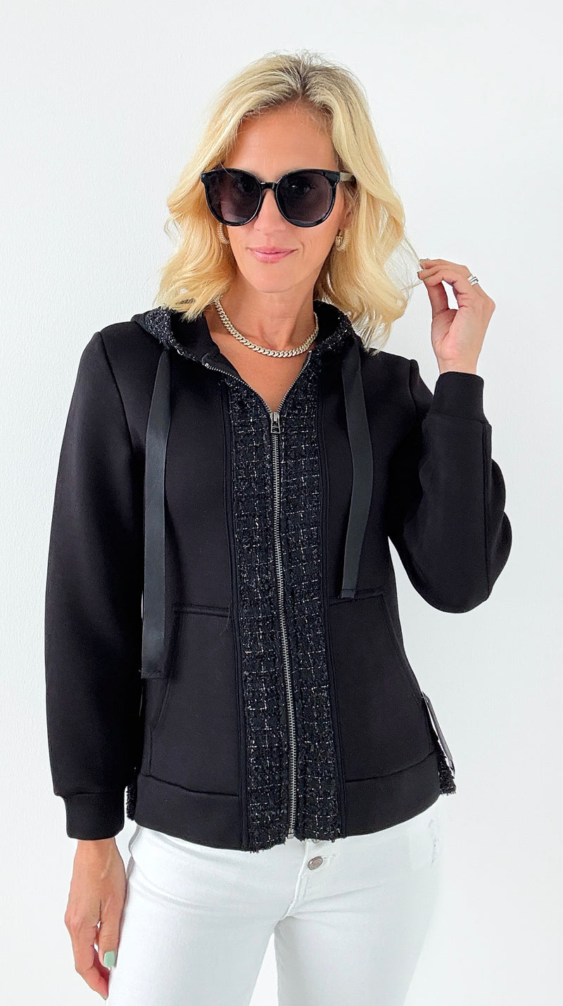 Faiza French Scuba Jacket with Tweed - Black-160 Jackets-Joh Apparel-Coastal Bloom Boutique, find the trendiest versions of the popular styles and looks Located in Indialantic, FL