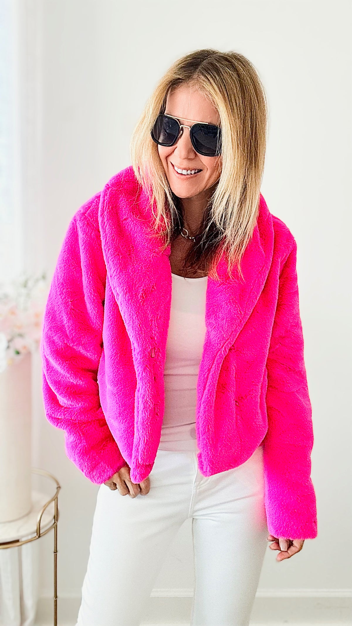 Big Deal Big Collar Faux Fur Jacket - Pink-150 Cardigan Layers-Dolce Cabo-Coastal Bloom Boutique, find the trendiest versions of the popular styles and looks Located in Indialantic, FL