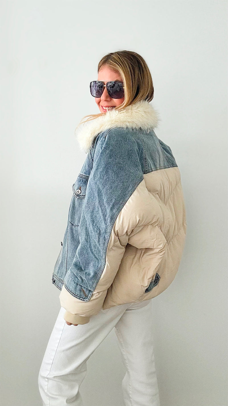 Mega Denim Puff & Faux Fur Jacket-160 Jackets-BIBI-Coastal Bloom Boutique, find the trendiest versions of the popular styles and looks Located in Indialantic, FL
