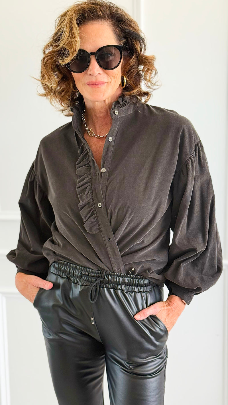 Chic Corduroy Ruffle Neck Italian Button- Down Top- Charcoal-110 Long Sleeve Tops-AZUL MONACO-Coastal Bloom Boutique, find the trendiest versions of the popular styles and looks Located in Indialantic, FL