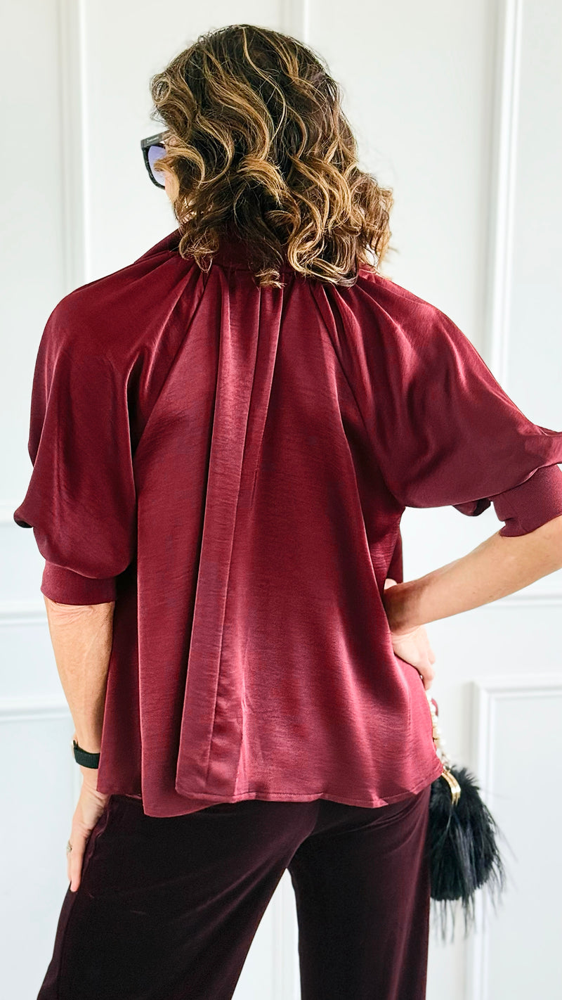 Champagne Whisper Satin Top - Burgundy-110 short Sleeve Top-GLAM-Coastal Bloom Boutique, find the trendiest versions of the popular styles and looks Located in Indialantic, FL