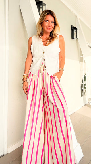 Flamingo Stripe Capri Italian Pants- Fuchsia/Cream