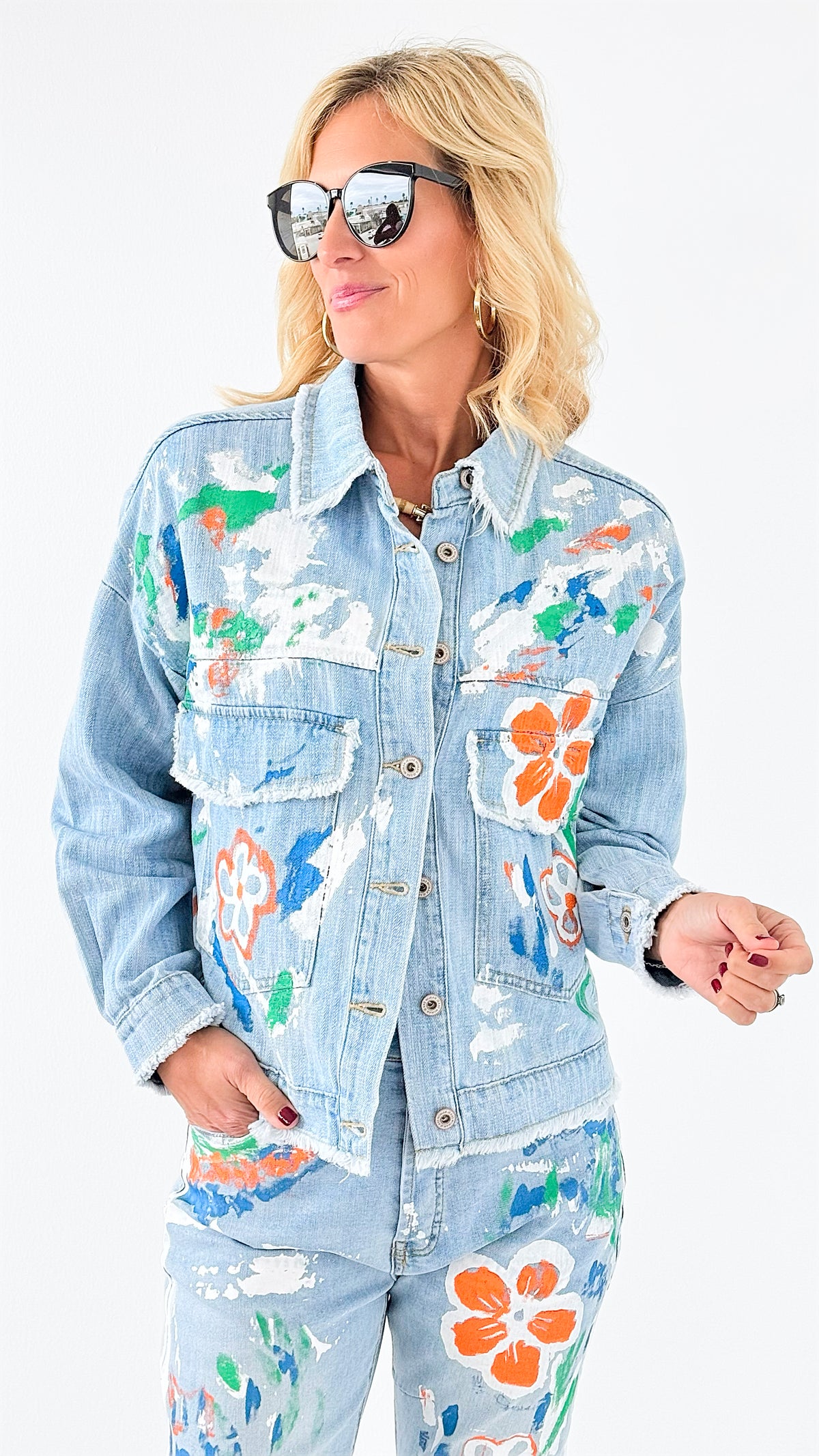 Blossom Brushwork Italian Denim Jacket-190 Denim-Italianissimo-Coastal Bloom Boutique, find the trendiest versions of the popular styles and looks Located in Indialantic, FL