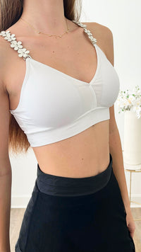 White w/ White Vegan Flowers Plunge Bra-220 Intimates-Strap-its-Coastal Bloom Boutique, find the trendiest versions of the popular styles and looks Located in Indialantic, FL