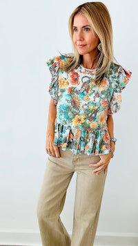 Ruffle Sequin Floral Peplum Blouse-110 Short Sleeve Tops-Rousseau-Coastal Bloom Boutique, find the trendiest versions of the popular styles and looks Located in Indialantic, FL