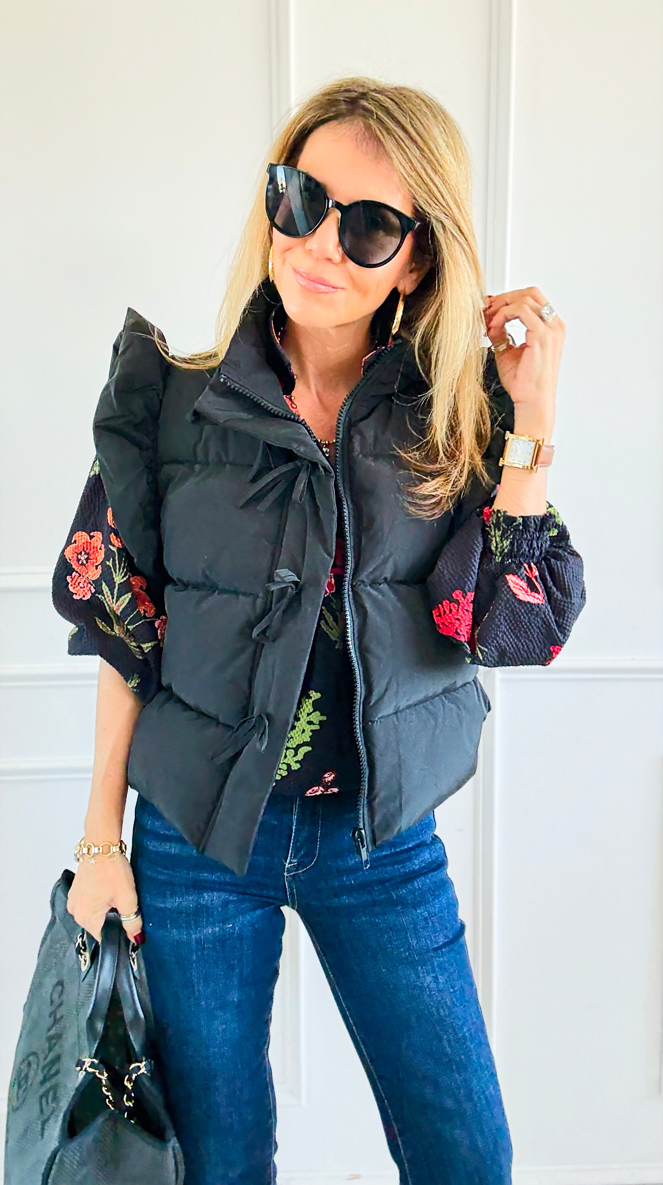 Ruffle & Ready Bow Puffer Vest - Black-vest-Jodifl-Coastal Bloom Boutique, find the trendiest versions of the popular styles and looks Located in Indialantic, FL