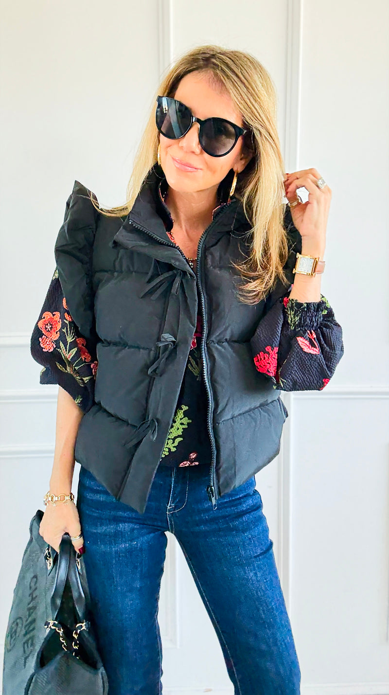 Ruffle & Ready Bow Puffer Vest - Black-vest-Jodifl-Coastal Bloom Boutique, find the trendiest versions of the popular styles and looks Located in Indialantic, FL