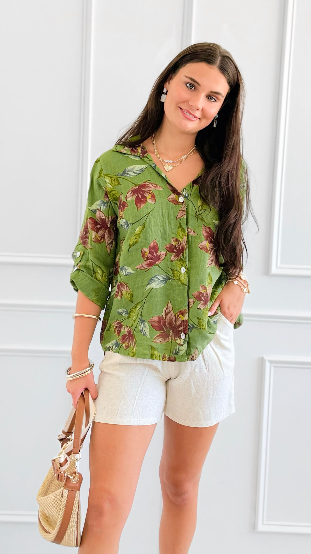 Hibiscus Italian Button Top- Green-170 Bottoms-PORCIENTO-Coastal Bloom Boutique, find the trendiest versions of the popular styles and looks Located in Indialantic, FL