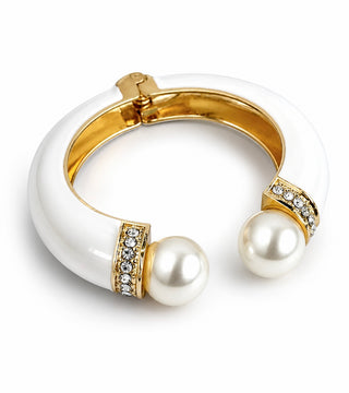 Enamel Cuff Pearled Bracelet -White/Gold