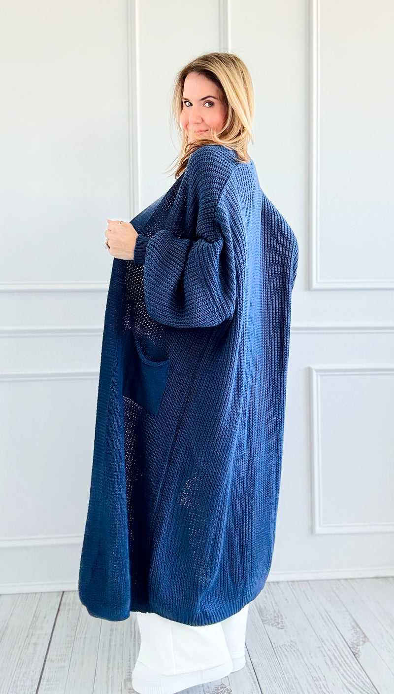 Sugar High Long Italian Cardigan- Denim Blue-150 Cardigans/Layers-Italianissimo-Coastal Bloom Boutique, find the trendiest versions of the popular styles and looks Located in Indialantic, FL