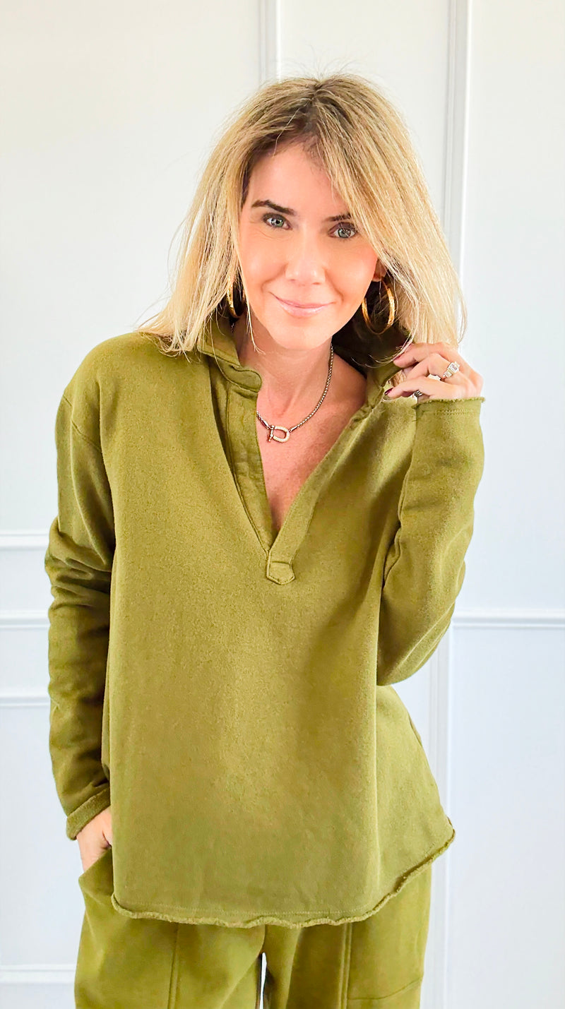 Eileen Cozy Lounge Collar Pullover Top - Camo Green-110 Long Sleeve Tops-MONO B-Coastal Bloom Boutique, find the trendiest versions of the popular styles and looks Located in Indialantic, FL
