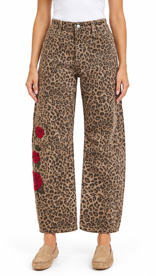 Rose Embroidered Leopard Barrel Pants