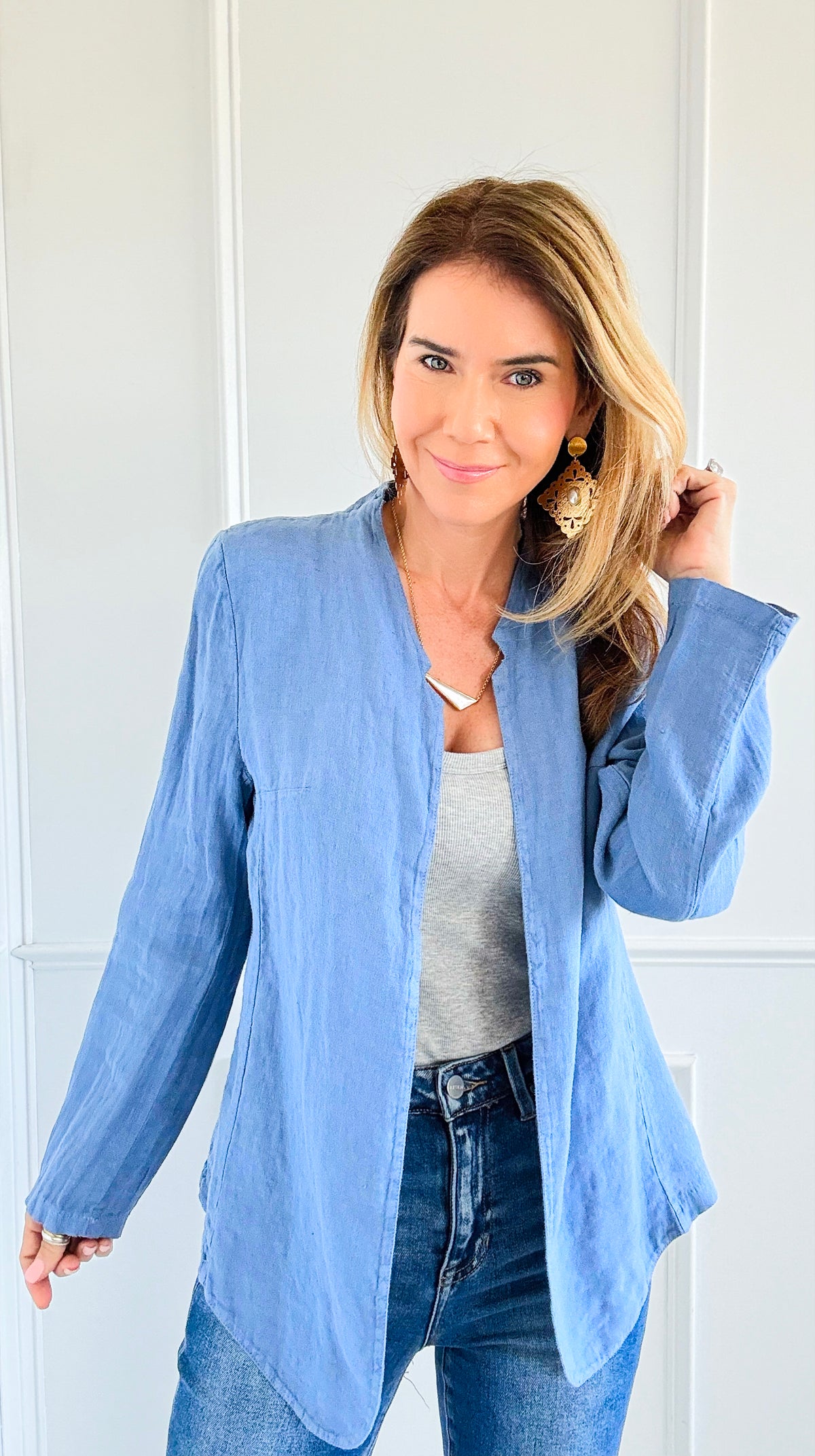 Breezy Linen Italian Blazer- Steel Blue-160 Jackets-TEMPO-Coastal Bloom Boutique, find the trendiest versions of the popular styles and looks Located in Indialantic, FL