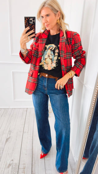 High Rise Suede Contrast Straight Jeans