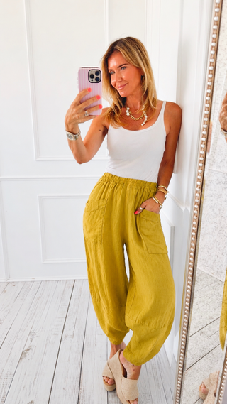 La Spezia Barrel Linen Italian Pant- Mustard
