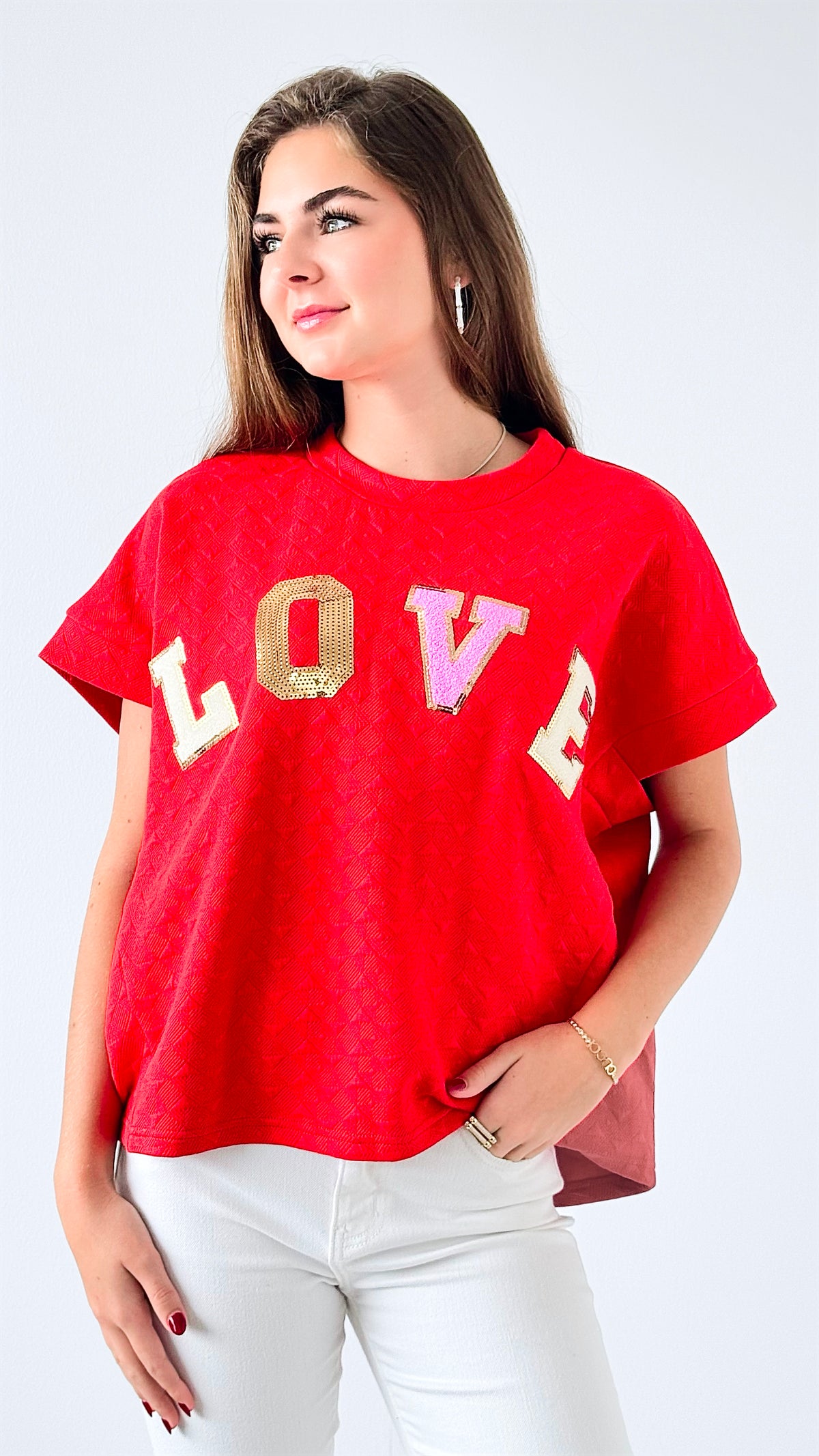 Bold LOVE Patch Top-110 Short Sleeve Tops-entro-Coastal Bloom Boutique, find the trendiest versions of the popular styles and looks Located in Indialantic, FL