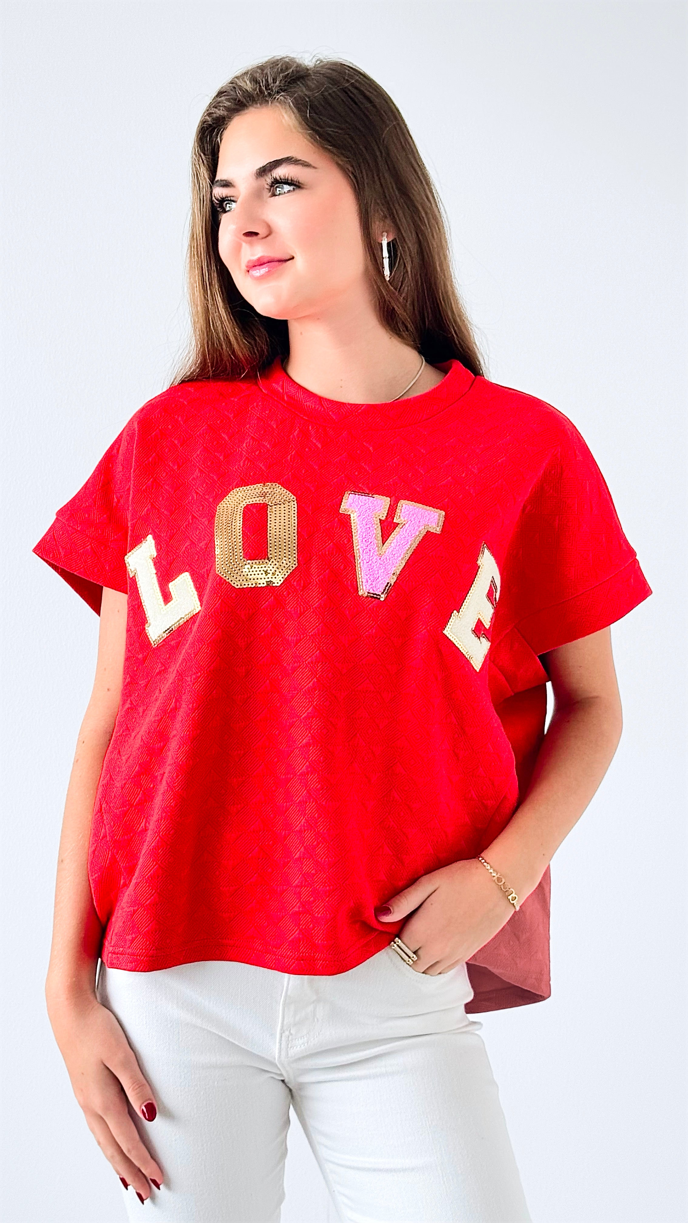 Bold LOVE Patch Top-110 Short Sleeve Tops-entro-Coastal Bloom Boutique, find the trendiest versions of the popular styles and looks Located in Indialantic, FL