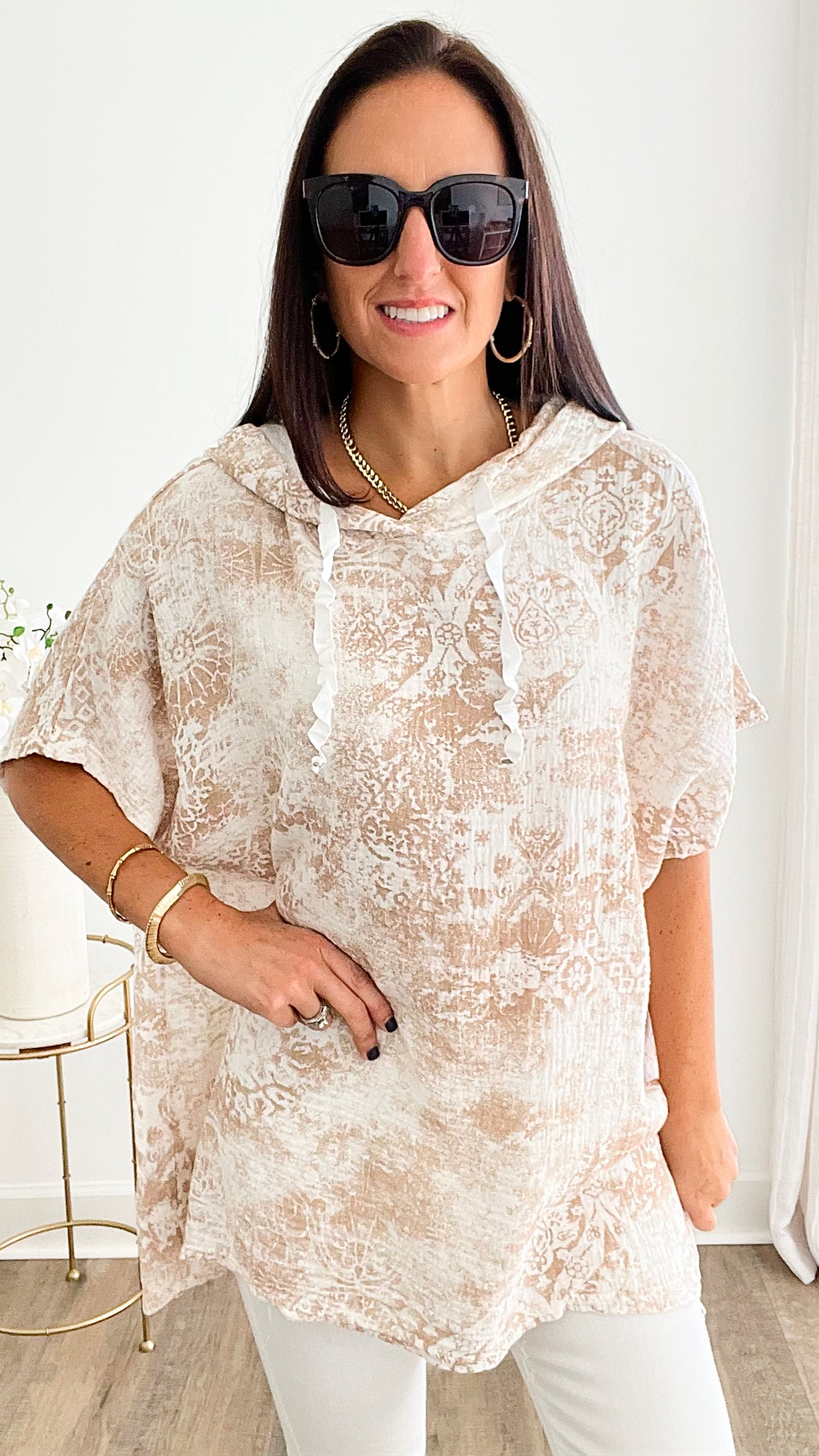 Washed Tapestry Short Sleeve Hoodie - Taupe-110 Short Sleeve Tops-VENTI6 OUTLET-Coastal Bloom Boutique, find the trendiest versions of the popular styles and looks Located in Indialantic, FL