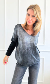 Silver Shine V-Neck Italian Pullover - Black-130 Long sleeve top-Italianissimo-Coastal Bloom Boutique, find the trendiest versions of the popular styles and looks Located in Indialantic, FL