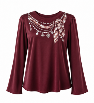 Pearls & Plaid Italian Silky Top- Burgundy