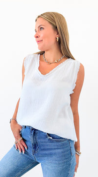 Casual Frayed V-Neck Top - White-100 Sleeveless Tops-Zenana-Coastal Bloom Boutique, find the trendiest versions of the popular styles and looks Located in Indialantic, FL