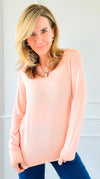 Recoleta Lurex Trim Italian Top - Melon-130 Long Sleeve Tops-Italianissimo-Coastal Bloom Boutique, find the trendiest versions of the popular styles and looks Located in Indialantic, FL