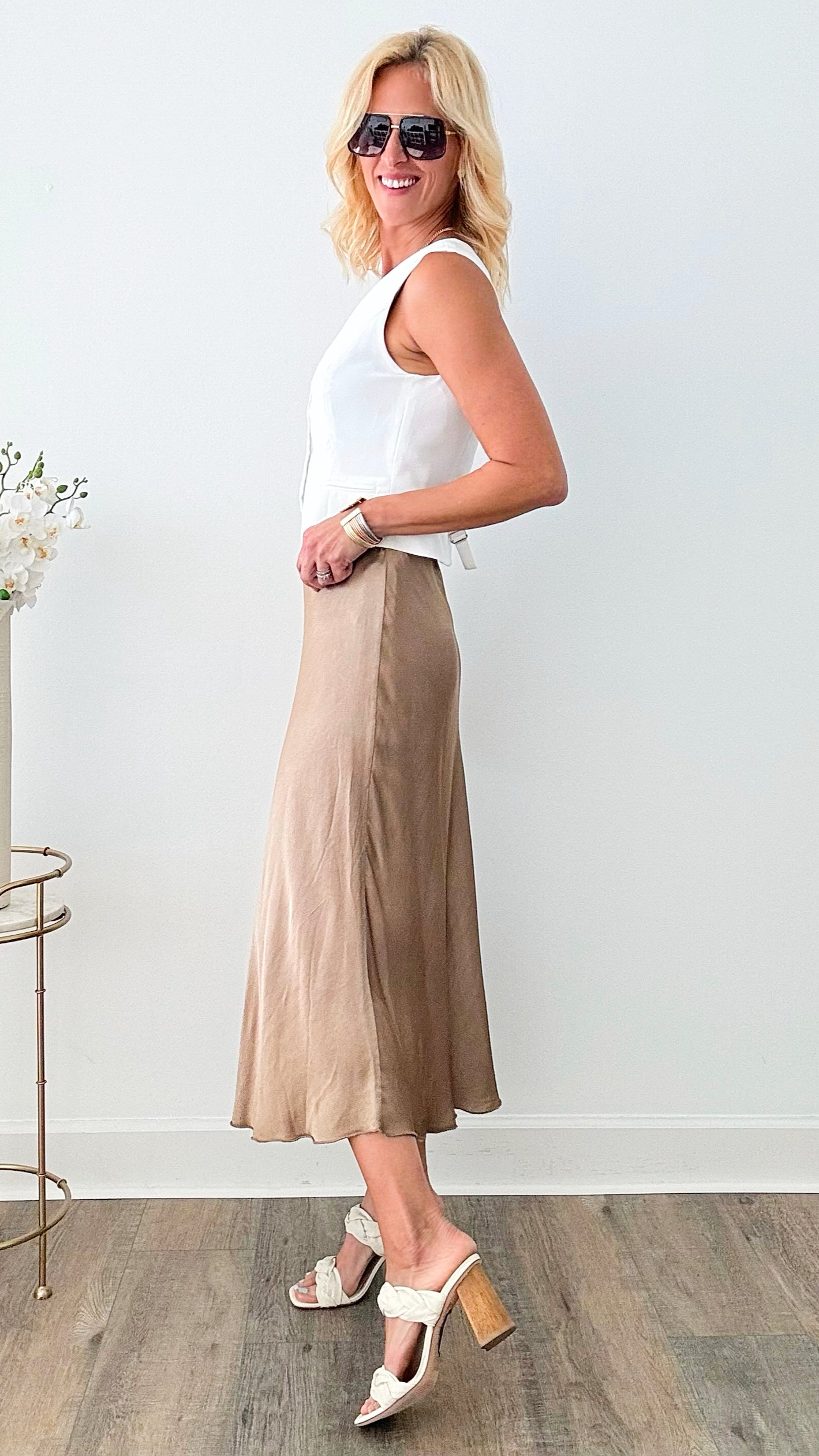 Brooklyn Italian Satin Midi Skirt - Mocha-170 Bottoms-Italianissimo-Coastal Bloom Boutique, find the trendiest versions of the popular styles and looks Located in Indialantic, FL