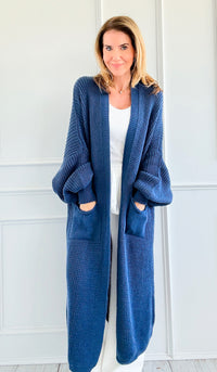 Sugar High Long Italian Cardigan- Denim Blue-150 Cardigans/Layers-Italianissimo-Coastal Bloom Boutique, find the trendiest versions of the popular styles and looks Located in Indialantic, FL