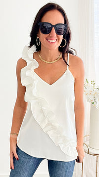 Diagonal Front Ruffle Cami - White-100 Sleeveless Tops-MAZIK-Coastal Bloom Boutique, find the trendiest versions of the popular styles and looks Located in Indialantic, FL